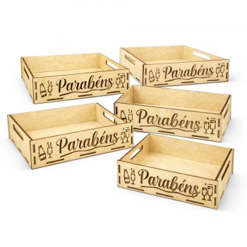 Jogo 5 Caixinhas em MDF com Recorte “Parabéns” e Taças