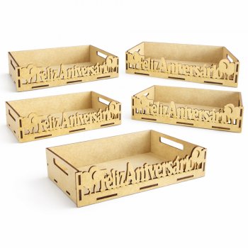 Jogo 5 Caixas em MDF com Recorte “Feliz Aniversário” e Bexigas