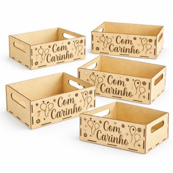 Jogo 5 Caixas em MDF com Recorte “Com Carinho”