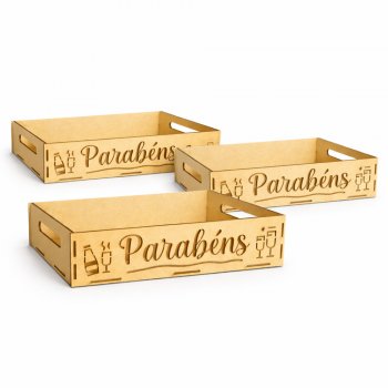 Jogo 3 Caixas em MDF com Recorte “Parabéns” e Taças