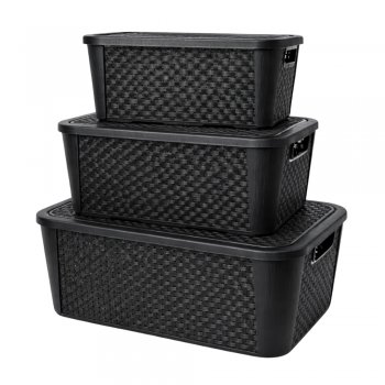Kit 3 Caixas Organizadoras Rattan com Tampa Preto