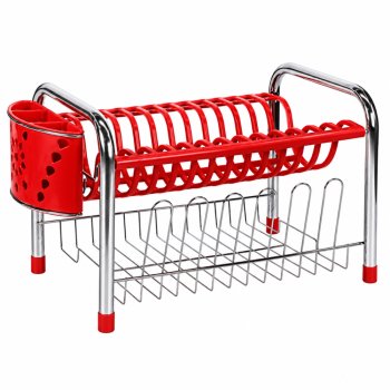 Escorredor de Louças Tubo com Porta-Talheres e Copos Vermelho